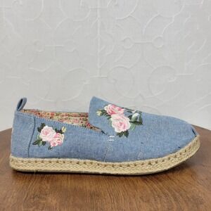 Toms Womens Alpargata Rose Flats 6.5 Floral Embroidered Chambray Espadrille